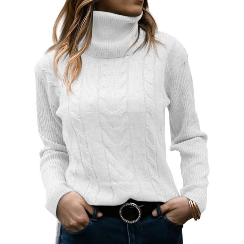 Womens White Pull On Cable Knit Turtleneck Long Sleeve Casual Warm Sweaters